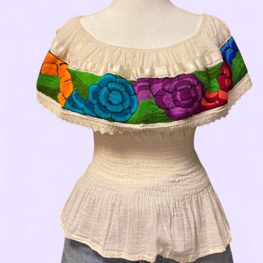 White Off-Shoulder Top with Multicolor Floral Embroidery